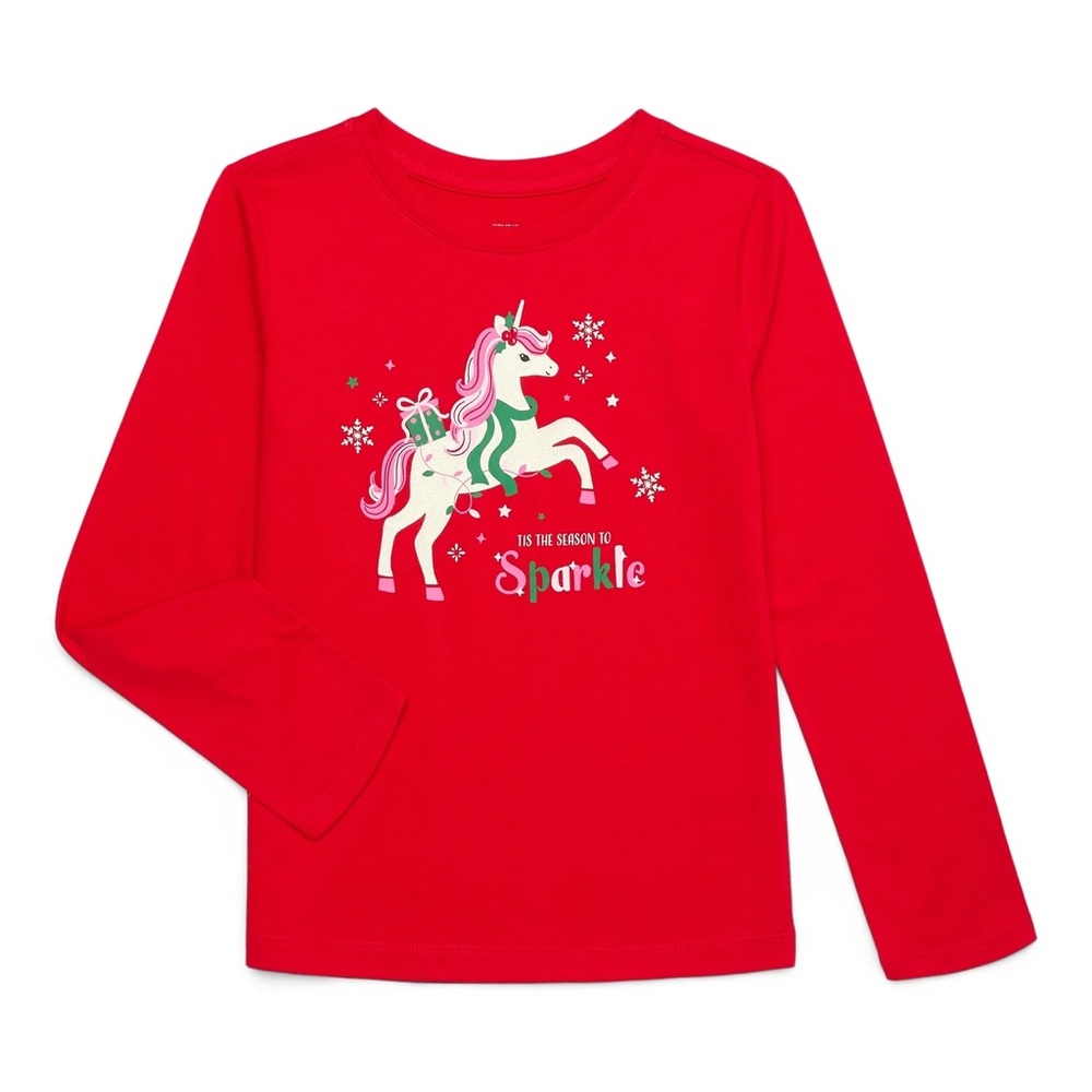 Holiday Time Girls Christmas Unicorn Graphic Tee with Long Sleeves Size XS 4/5 - Picture 1 of 6